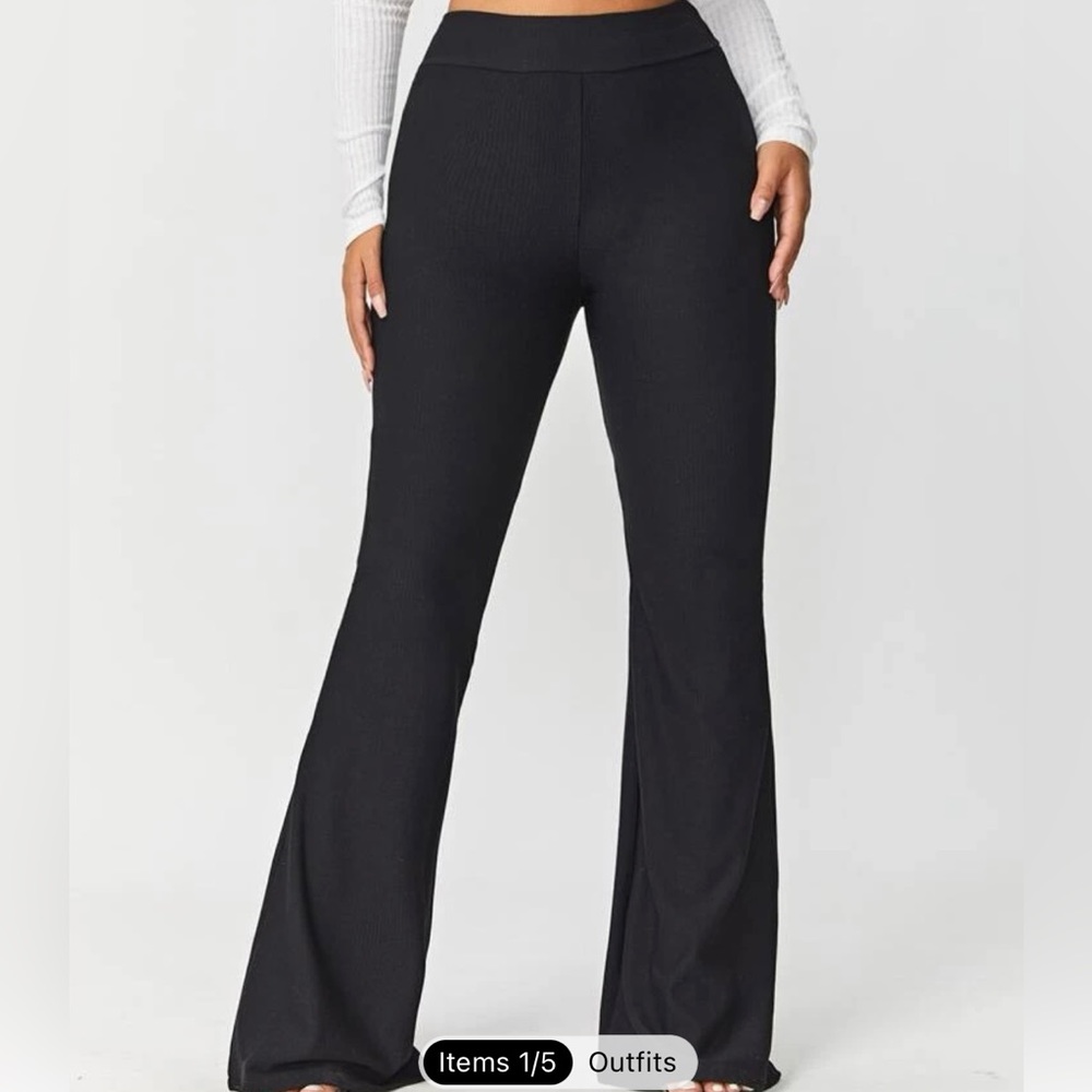 Black, solid, ribbed, knit, flare leg pants